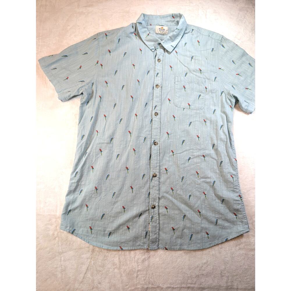 Marine Layer Parrot Print Button Up Shirt Mens L Blue 100% Cotton Tropical